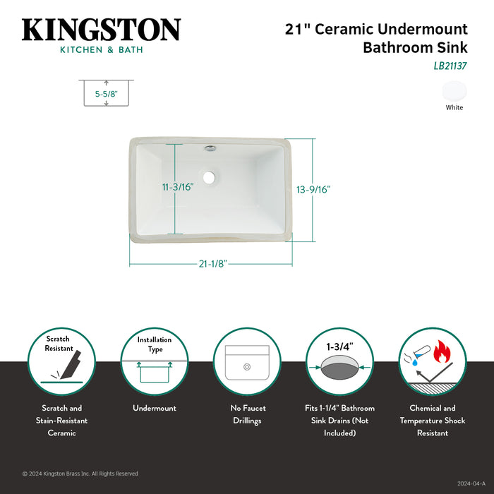 Castillo LB21137 21-1/8 Inch Ceramic Rectangular Undermount Bathroom Sink, White