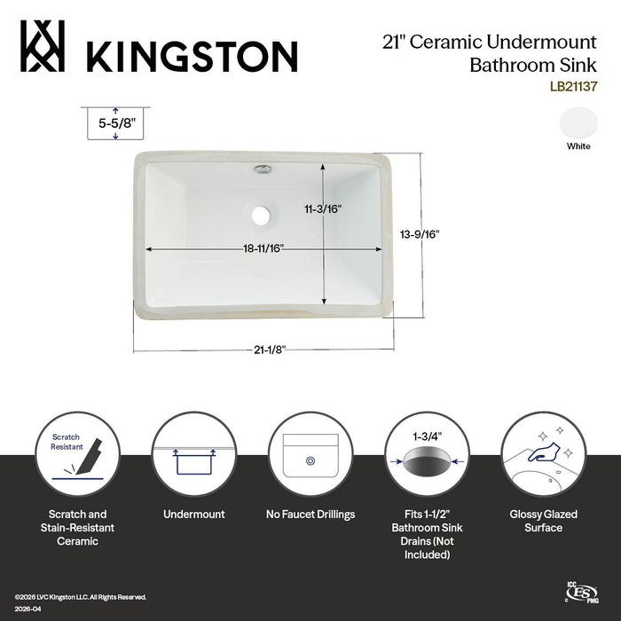 Kingston Castillo LB21137 21-1/8 Inch Ceramic Rectangular Undermount Bathroom Sink, White