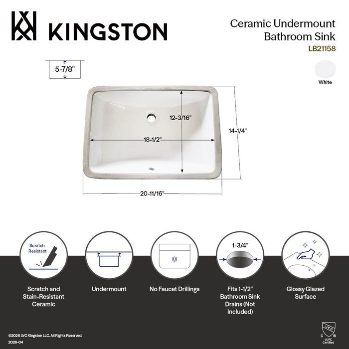 Kingston Piazza LB21158 21-Inch Ceramic Rectangular Undermount Bathroom Sink, White