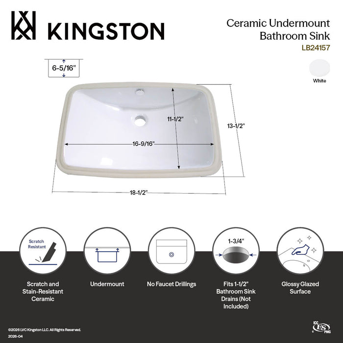 Kingston Forum LB24157 16-9/16 Inch Ceramic Rectangular Undermount Bathroom Sink, White