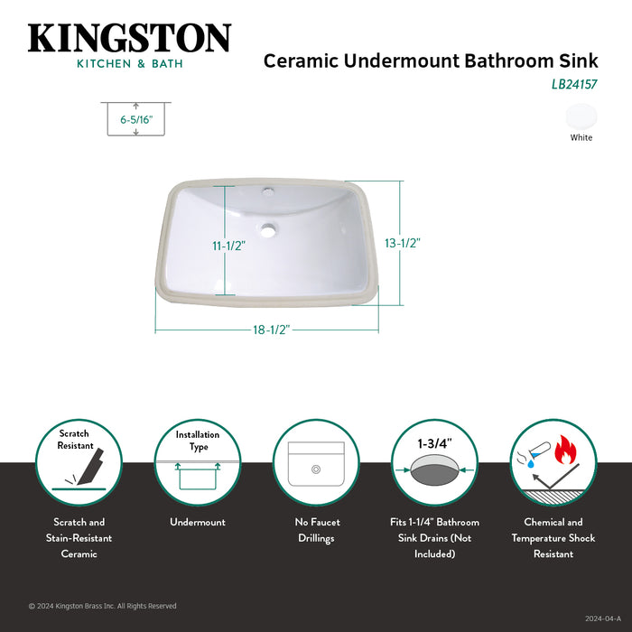 Kingston Forum LB24157 16-9/16 Inch Ceramic Rectangular Undermount Bathroom Sink, White
