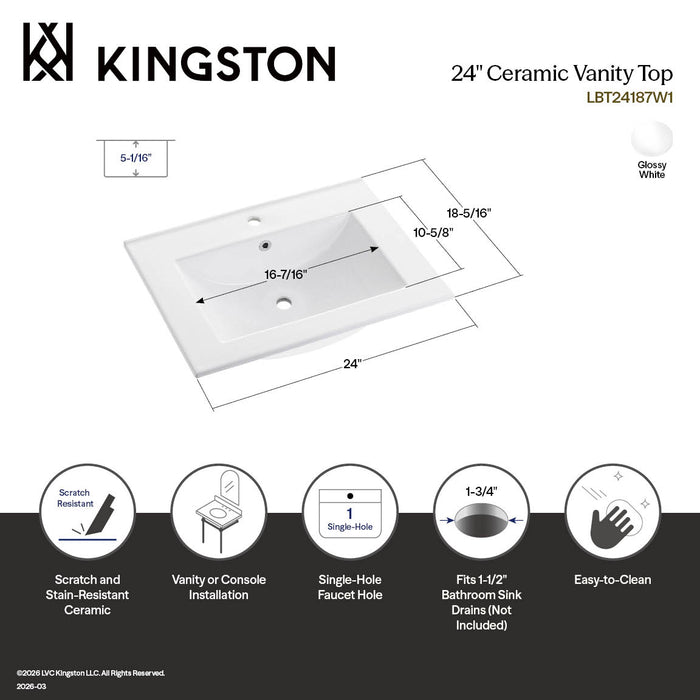Kingston Sona LBT24187W1 - Ultra Modern 24-Inch Ceramic Vanity Sink Top (1 Hole), White