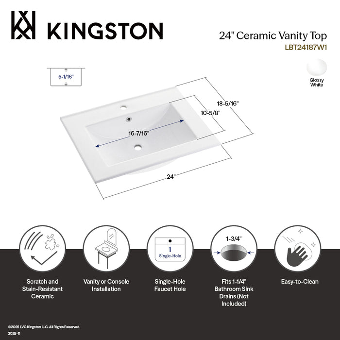 Ultra Modern LBT24187W1 24-Inch Ceramic Vanity Sink Top (1 Hole), White