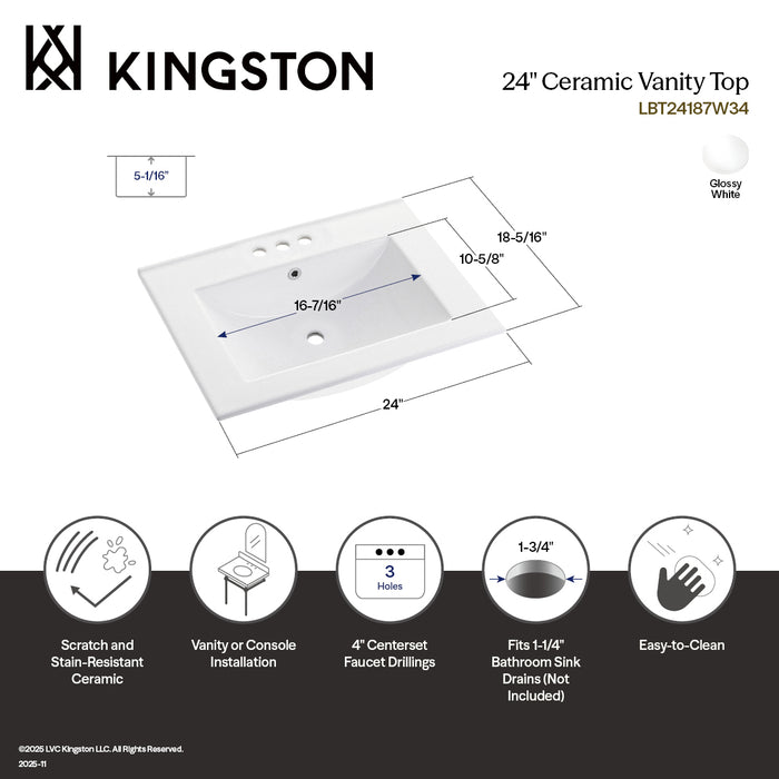 Ultra Modern LBT24187W34 24-Inch Ceramic Vanity Sink Top (4" Faucet Drillings), White
