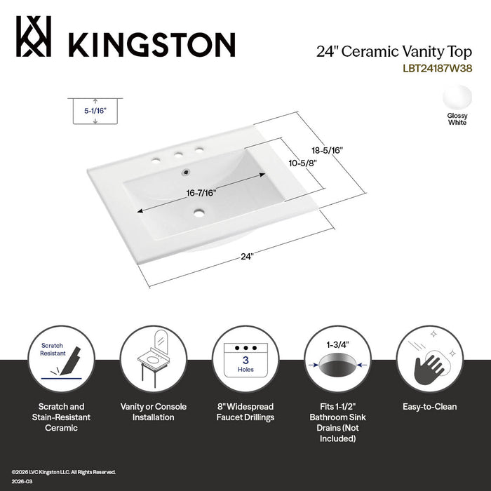 Kingston Sona LBT24187W38 - Ultra Modern 24-Inch Ceramic Vanity Sink Top (8" Faucet Drillings), White