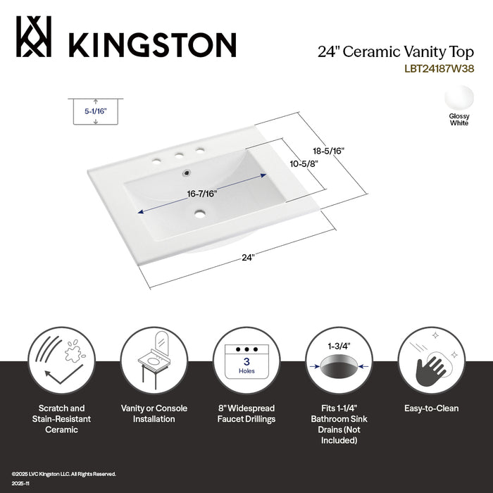 Ultra Modern LBT24187W38 24-Inch Ceramic Vanity Sink Top (8" Faucet Drillings), White