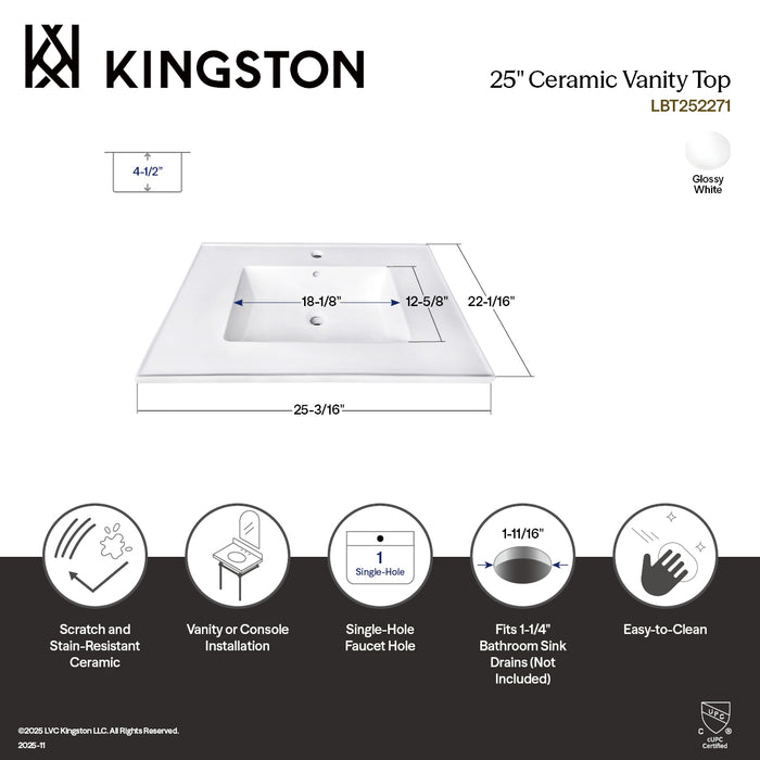 Continental LBT252271 25-Inch Ceramic Vanity Sink Top (1 Hole), White
