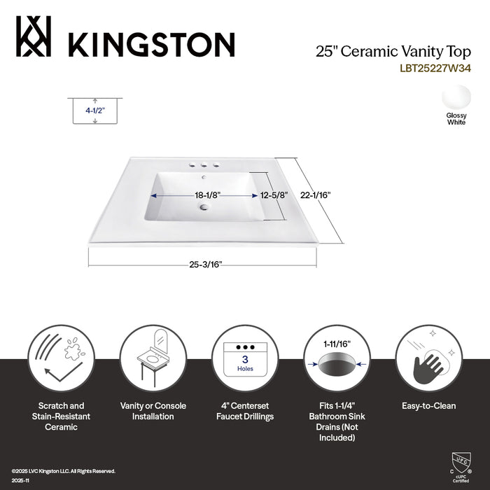 Continental LBT25227W34 25-Inch Ceramic Vanity Sink Top (4" Faucet Drillings), White