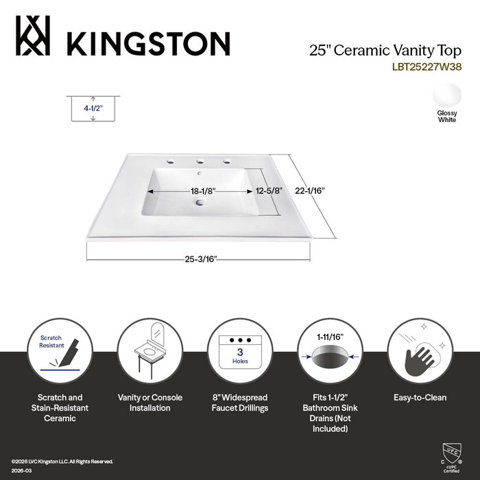 Kingston Tulare LBT25227W38 - Continental 25-Inch Ceramic Vanity Sink Top (8" Faucet Drillings), White