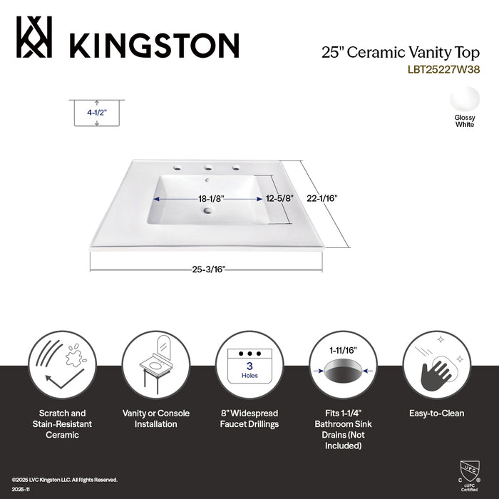 Continental LBT25227W38 25-Inch Ceramic Vanity Sink Top (8" Faucet Drillings), White
