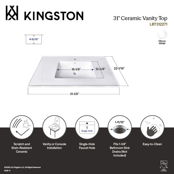 Continental LBT312271 31-Inch Ceramic Vanity Sink Top (1 Hole), White