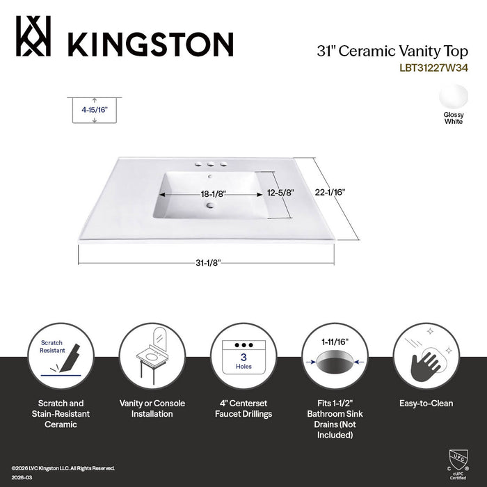 Kingston Tulare LBT31227W34 - Continental 31-Inch Ceramic Vanity Sink Top (4" Faucet Drillings), White