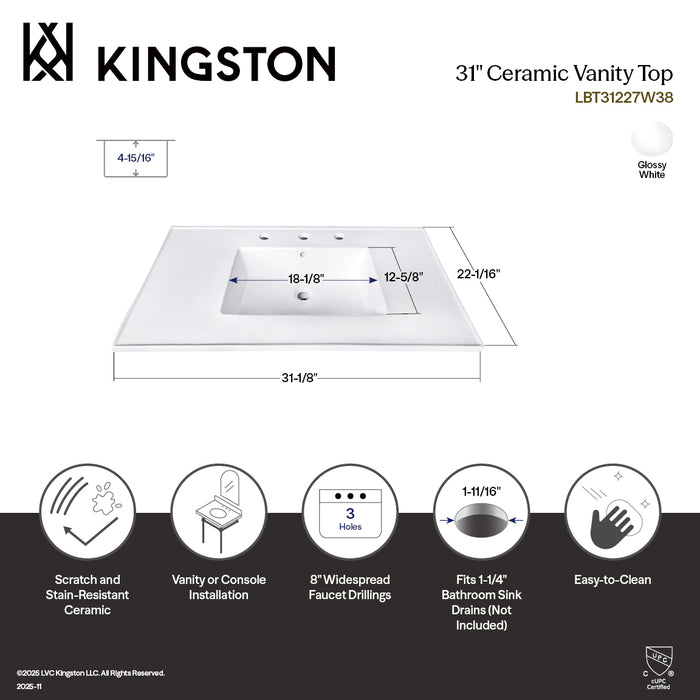 Continental LBT31227W38 31-Inch Ceramic Vanity Sink Top (8" Faucet Drillings), White