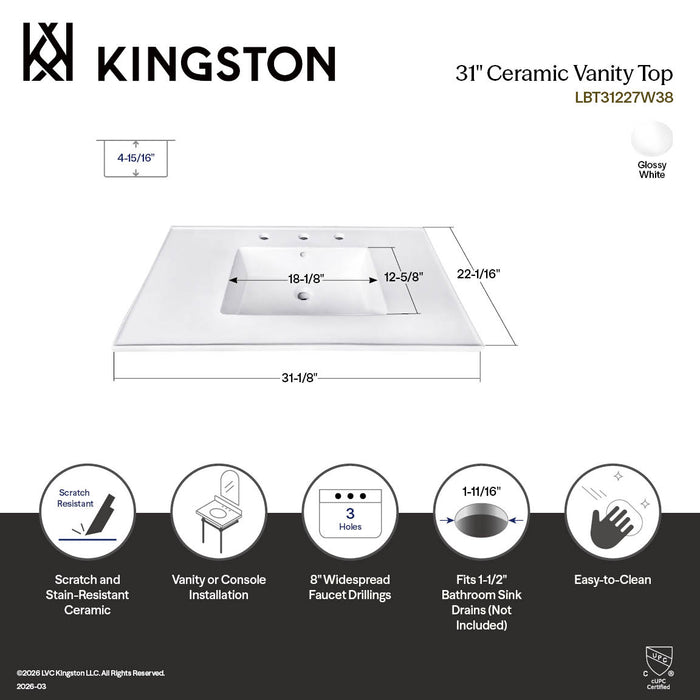 Kingston Tulare LBT31227W38 - Continental 31-Inch Ceramic Vanity Sink Top (8" Faucet Drillings), White