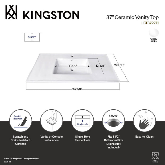 Kingston Tulare LBT372271 - Continental 37-Inch Ceramic Vanity Sink Top (1 Hole), White