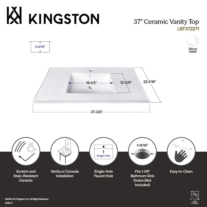 Continental LBT372271 37-Inch Ceramic Vanity Sink Top (1 Hole), White