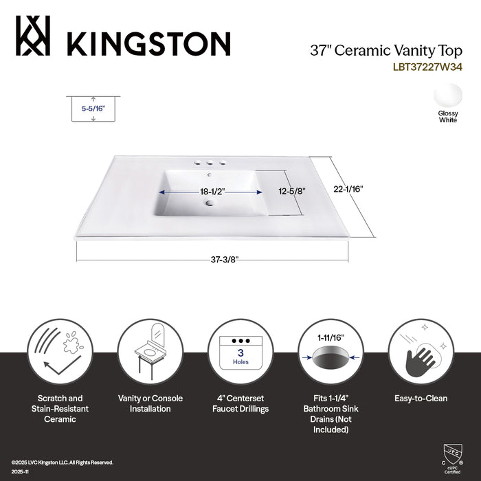 Continental LBT37227W34 37-Inch Ceramic Vanity Sink Top (4" Faucet Drillings), White