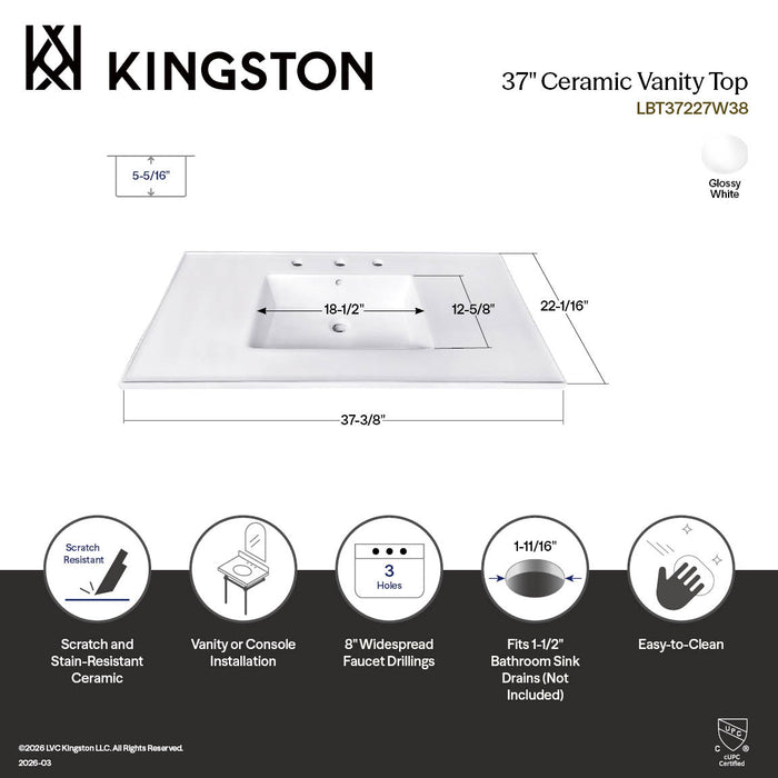 Kingston Tulare LBT37227W38 - Continental 37-Inch Ceramic Vanity Sink Top (8" Faucet Drillings), White