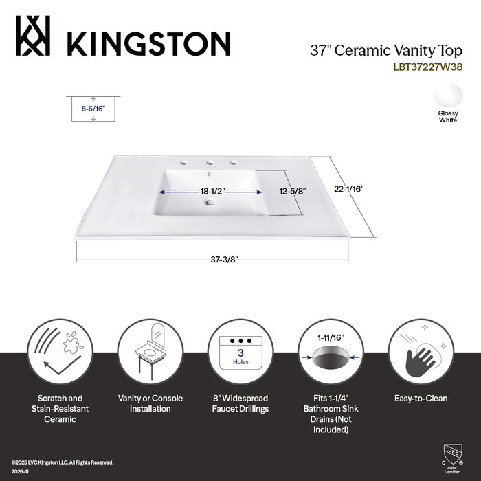 Continental LBT37227W38 37-Inch Ceramic Vanity Sink Top (8" Faucet Drillings), White