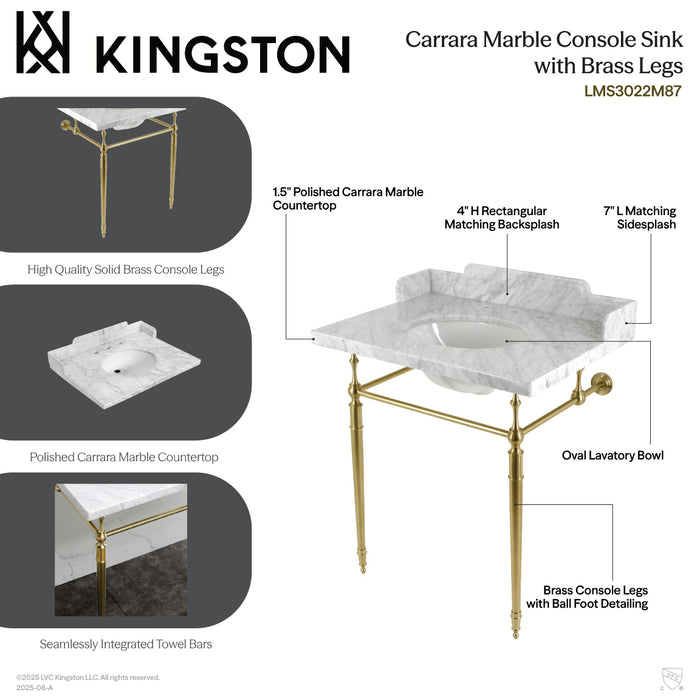 Kingston Heirloom LMS3022M81 - Habsburg 30-Inch Carrara Marble Console Sink with Brass Legs (8-Inch, 3-Hole), Carrara Marble White/Polished Chrome