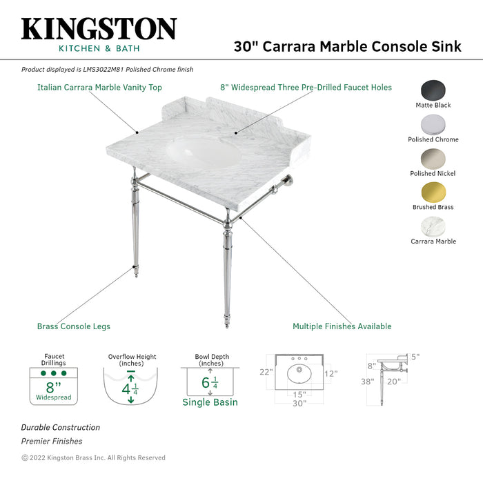 Kingston Heirloom LMS3022M81 - Habsburg 30-Inch Carrara Marble Console Sink with Brass Legs (8-Inch, 3-Hole), Carrara Marble White/Polished Chrome