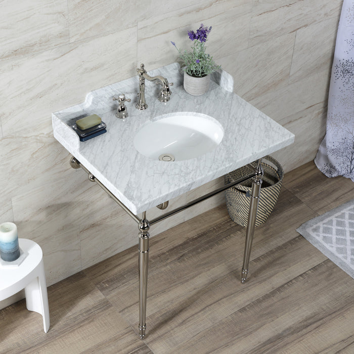Habsburg LMS3022M86 30-Inch Carrara Marble Console Sink with Brass Legs (8-Inch, 3-Hole), Carrara Marble White/Polished Nickel