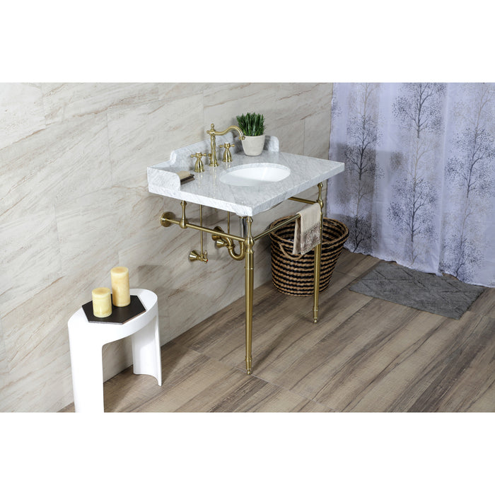 Habsburg LMS3022M87 30-Inch Carrara Marble Console Sink with Brass Legs (8-Inch, 3-Hole), Carrara Marble White/Brushed Brass