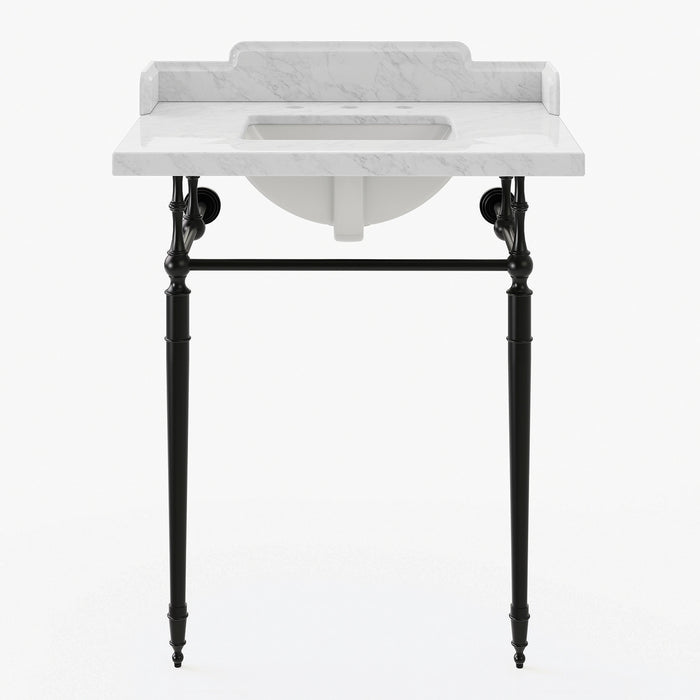 Kingston Heirloom LMS3022M8SQ0 - Habsburg 30-Inch Carrara Marble Console Sink with Brass Legs (8-Inch, 3-Hole), Carrara Marble White/Matte Black