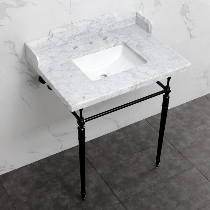 Kingston Heirloom LMS3022M8SQ0 - Habsburg 30-Inch Carrara Marble Console Sink with Brass Legs (8-Inch, 3-Hole), Carrara Marble White/Matte Black