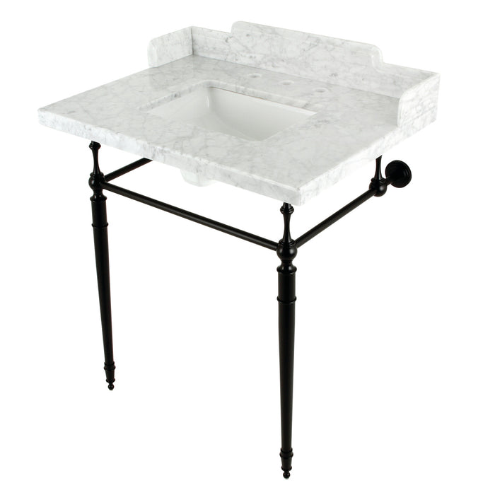 Kingston Heirloom LMS3022M8SQ0 - Habsburg 30-Inch Carrara Marble Console Sink with Brass Legs (8-Inch, 3-Hole), Carrara Marble White/Matte Black