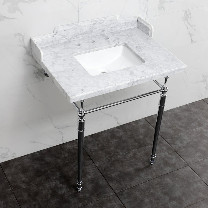 Kingston Heirloom LMS3022M8SQ1 - Habsburg 30-Inch Carrara Marble Console Sink with Brass Legs (8-Inch, 3-Hole), Carrara Marble White/Polished Chrome