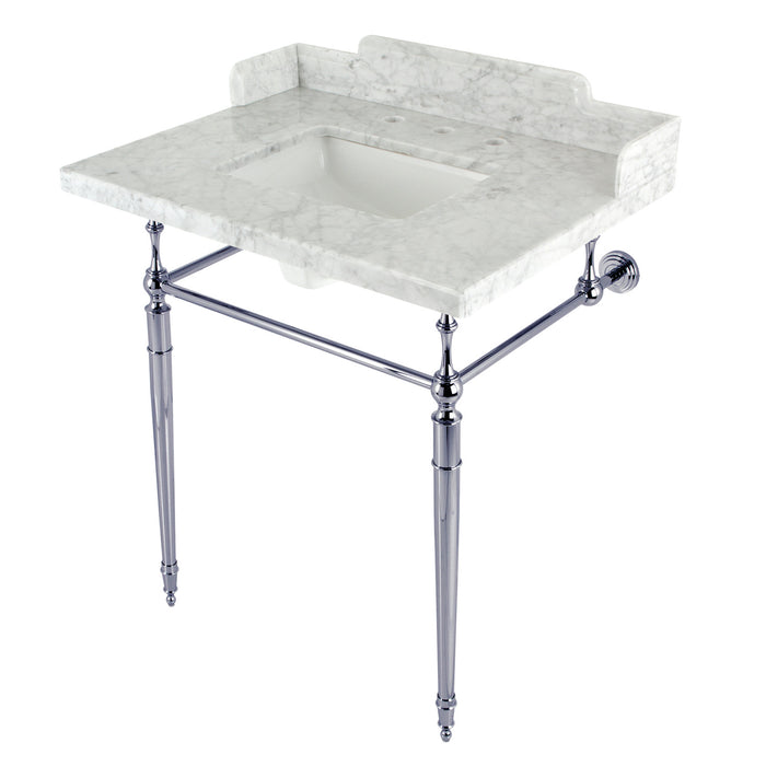 Kingston Heirloom LMS3022M8SQ1 - Habsburg 30-Inch Carrara Marble Console Sink with Brass Legs (8-Inch, 3-Hole), Carrara Marble White/Polished Chrome