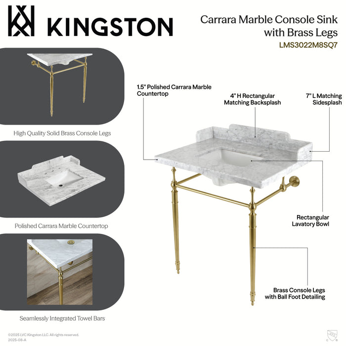 Habsburg LMS3022M8SQ6 30-Inch Carrara Marble Console Sink with Brass Legs (8-Inch, 3-Hole), Carrara Marble White/Polished Nickel
