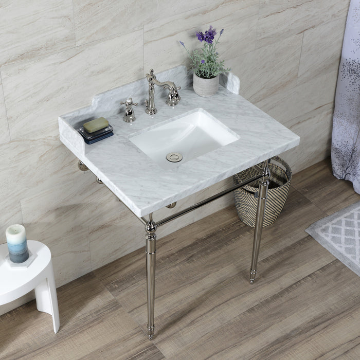 Habsburg LMS3022M8SQ6 30-Inch Carrara Marble Console Sink with Brass Legs (8-Inch, 3-Hole), Carrara Marble White/Polished Nickel