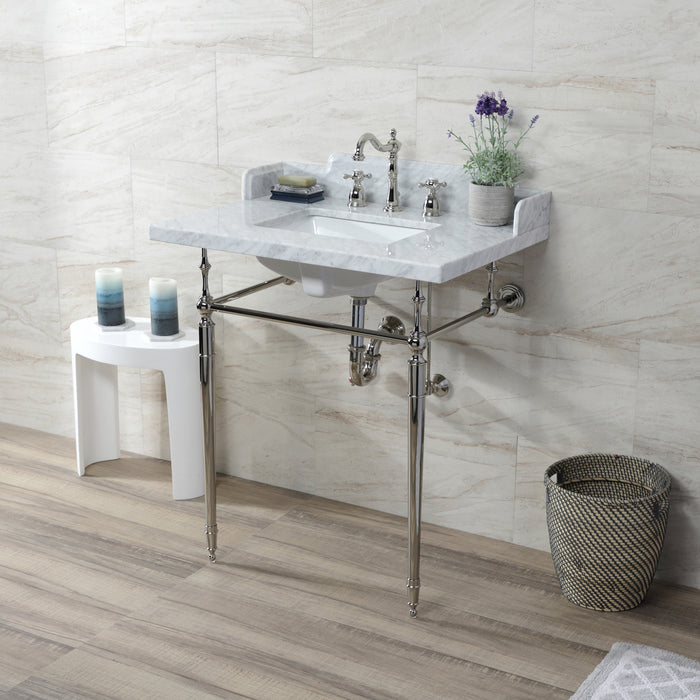 Habsburg LMS3022M8SQ6 30-Inch Carrara Marble Console Sink with Brass Legs (8-Inch, 3-Hole), Carrara Marble White/Polished Nickel