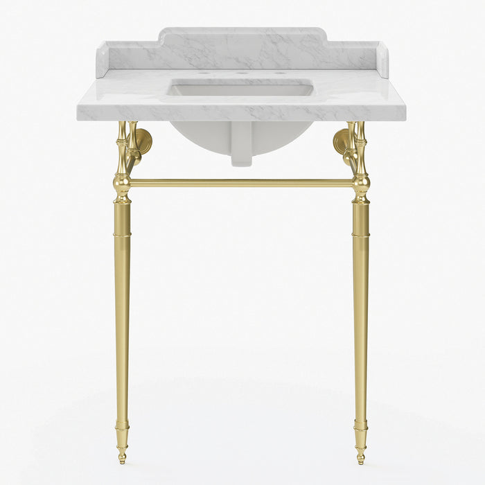 Kingston Heirloom LMS3022M8SQ7 - Habsburg 30-Inch Carrara Marble Console Sink with Brass Legs (8-Inch, 3-Hole), Carrara Marble White/Brushed Brass