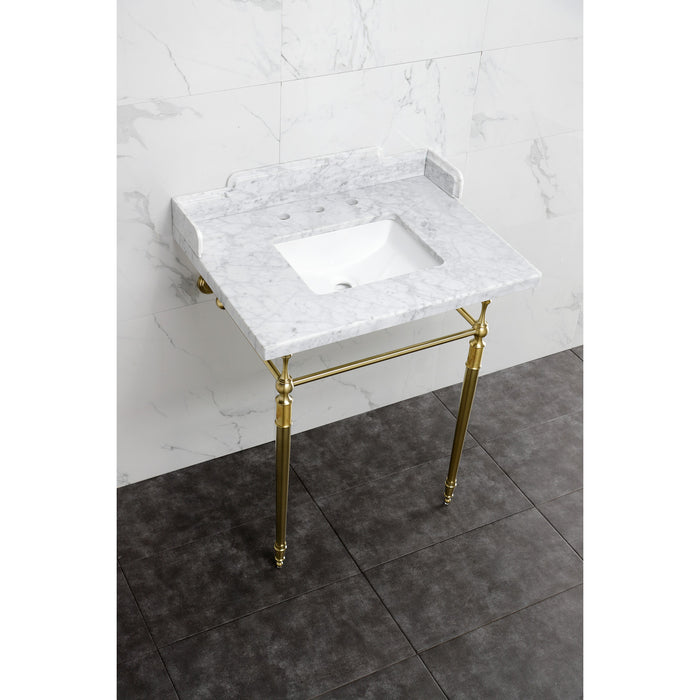 Kingston Heirloom LMS3022M8SQ7 - Habsburg 30-Inch Carrara Marble Console Sink with Brass Legs (8-Inch, 3-Hole), Carrara Marble White/Brushed Brass