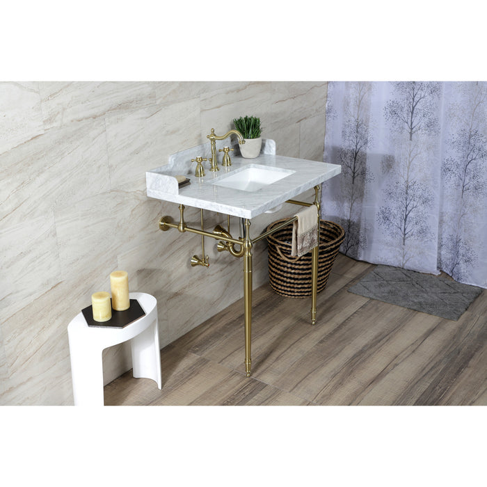 Kingston Heirloom LMS3022M8SQ7 - Habsburg 30-Inch Carrara Marble Console Sink with Brass Legs (8-Inch, 3-Hole), Carrara Marble White/Brushed Brass
