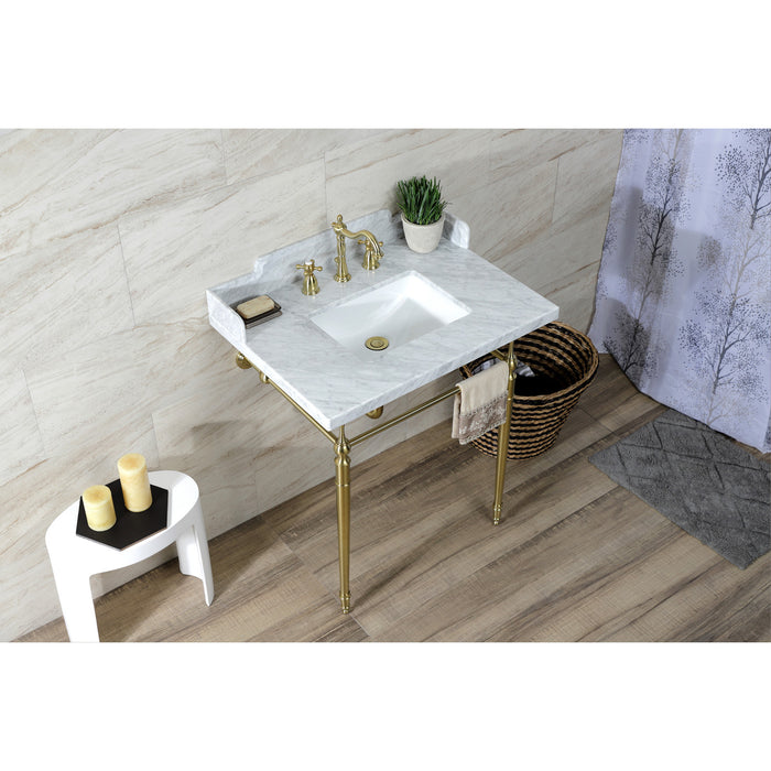 Kingston Heirloom LMS3022M8SQ7 - Habsburg 30-Inch Carrara Marble Console Sink with Brass Legs (8-Inch, 3-Hole), Carrara Marble White/Brushed Brass