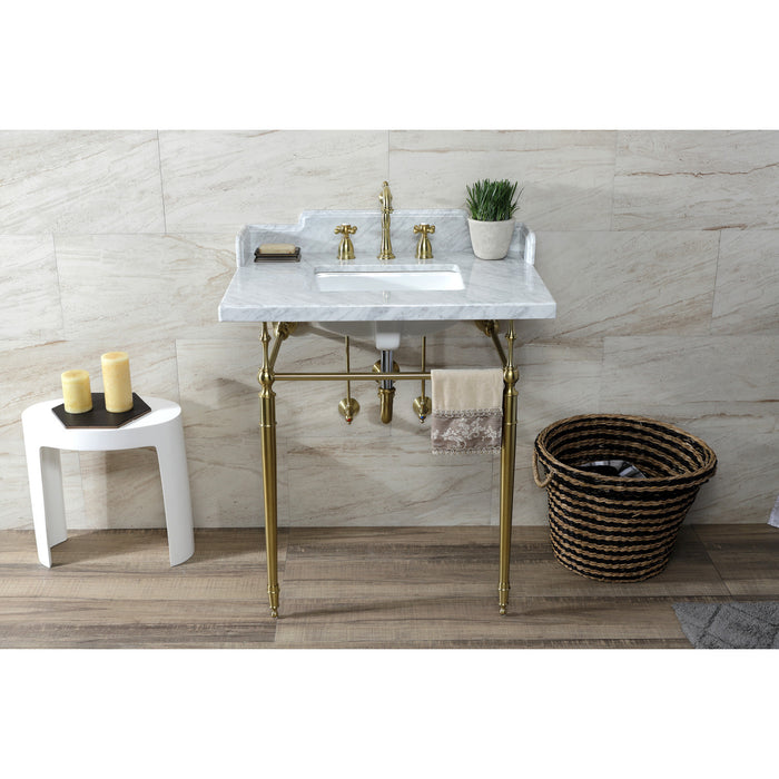 Kingston Heirloom LMS3022M8SQ7 - Habsburg 30-Inch Carrara Marble Console Sink with Brass Legs (8-Inch, 3-Hole), Carrara Marble White/Brushed Brass