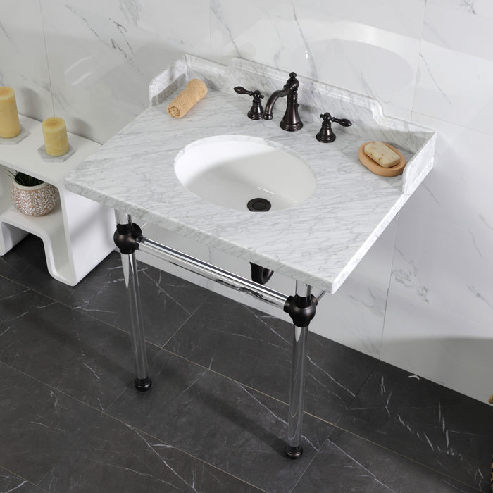 Kingston Tulare LMS3030MA5 - Pemberton 30-Inch Carrara Marble Console Sink with Acrylic Legs (8-Inch, 3-Hole), Carrara Marble White/Oil Rubbed Bronze