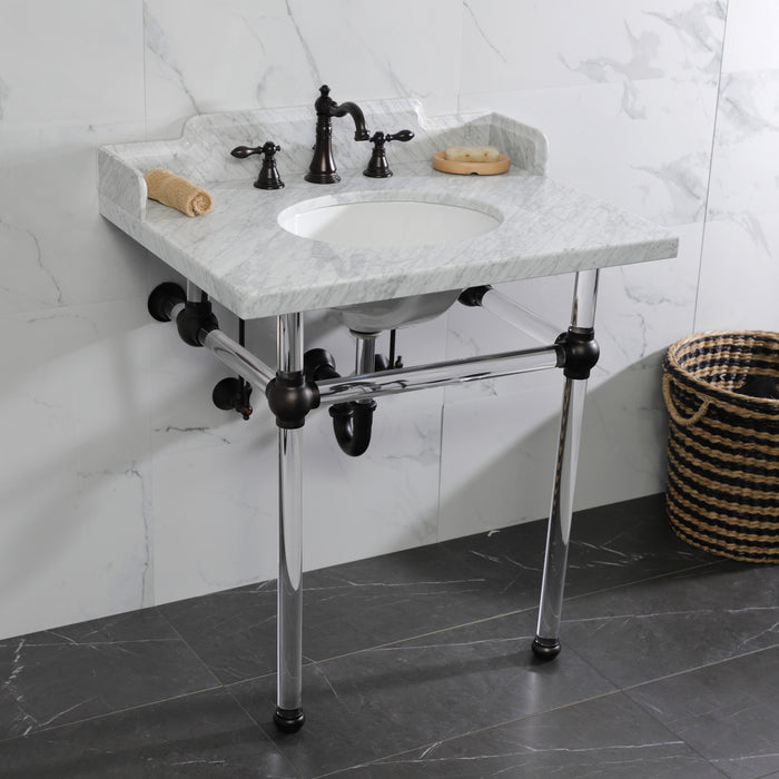 Kingston Tulare LMS3030MA5 - Pemberton 30-Inch Carrara Marble Console Sink with Acrylic Legs (8-Inch, 3-Hole), Carrara Marble White/Oil Rubbed Bronze