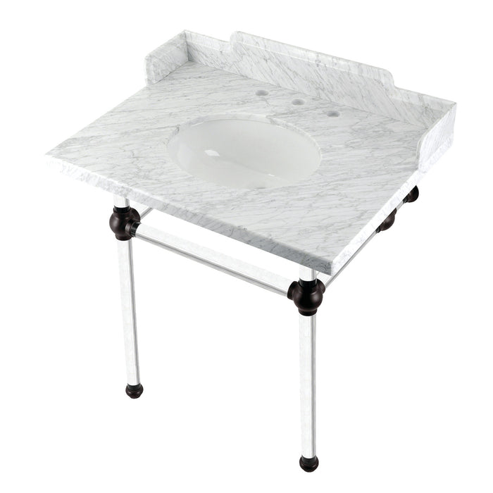 Kingston Tulare LMS3030MA5 - Pemberton 30-Inch Carrara Marble Console Sink with Acrylic Legs (8-Inch, 3-Hole), Carrara Marble White/Oil Rubbed Bronze
