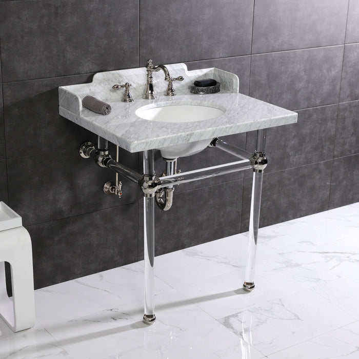 Kingston Tulare LMS3030MA6 - Pemberton 30-Inch Carrara Marble Console Sink with Acrylic Legs (8-Inch, 3-Hole), Carrara Marble White/Polished Nickel