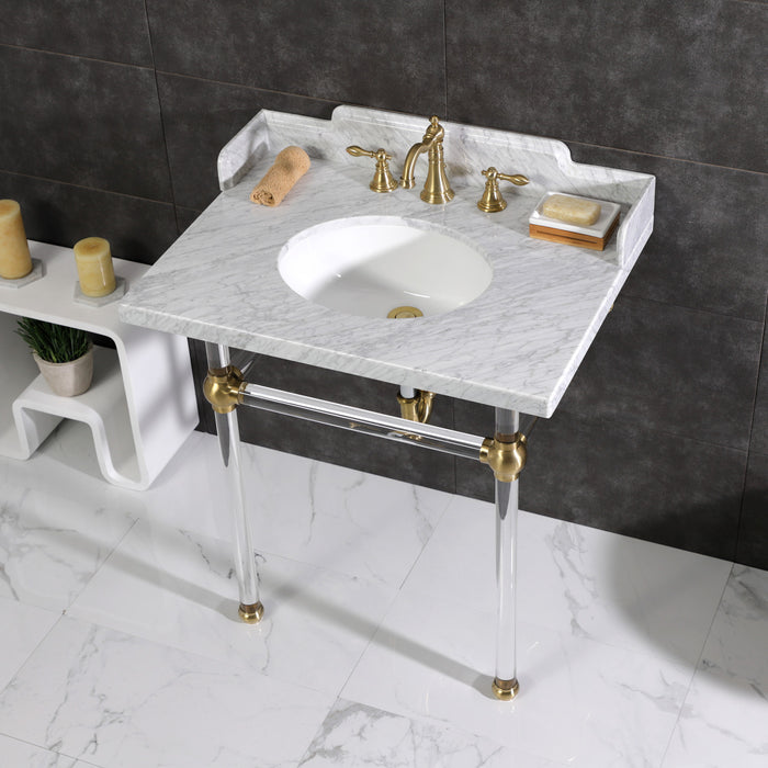 Kingston Tulare LMS3030MA7 - Pemberton 30-Inch Carrara Marble Console Sink with Acrylic Legs (8-Inch, 3-Hole), Carrara Marble White/Brushed Brass
