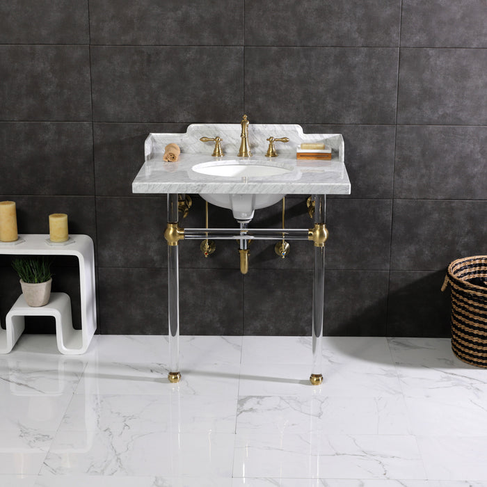 Kingston Tulare LMS3030MA7 - Pemberton 30-Inch Carrara Marble Console Sink with Acrylic Legs (8-Inch, 3-Hole), Carrara Marble White/Brushed Brass