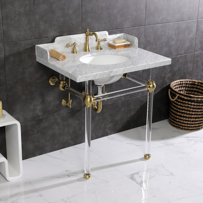 Kingston Tulare LMS3030MA7 - Pemberton 30-Inch Carrara Marble Console Sink with Acrylic Legs (8-Inch, 3-Hole), Carrara Marble White/Brushed Brass