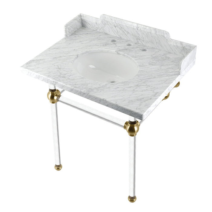 Kingston Tulare LMS3030MA7 - Pemberton 30-Inch Carrara Marble Console Sink with Acrylic Legs (8-Inch, 3-Hole), Carrara Marble White/Brushed Brass