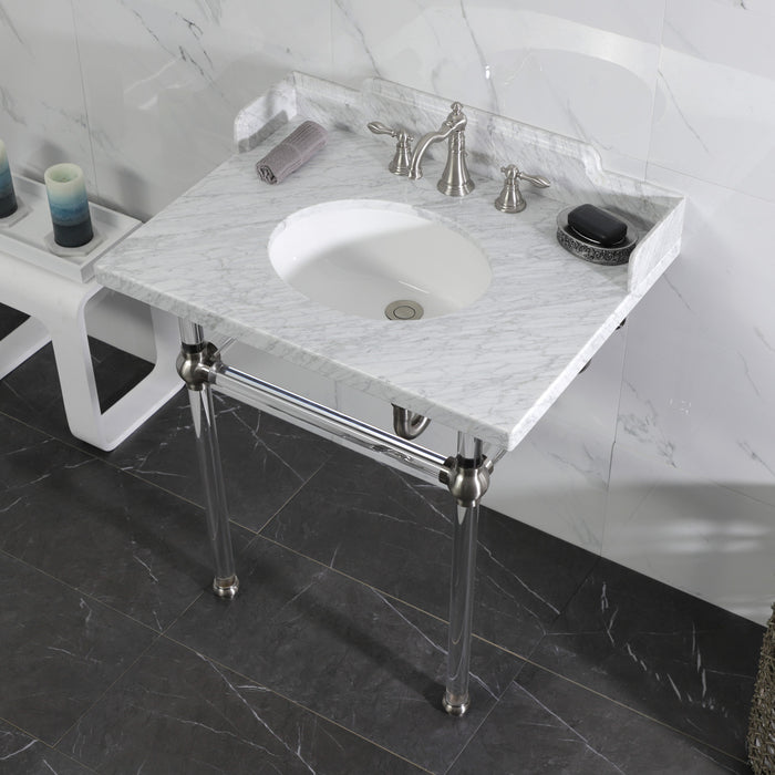 Pemberton LMS3030MA8 30-Inch Carrara Marble Console Sink with Acrylic Legs (8-Inch, 3-Hole), Carrara Marble White/Brushed Nickel