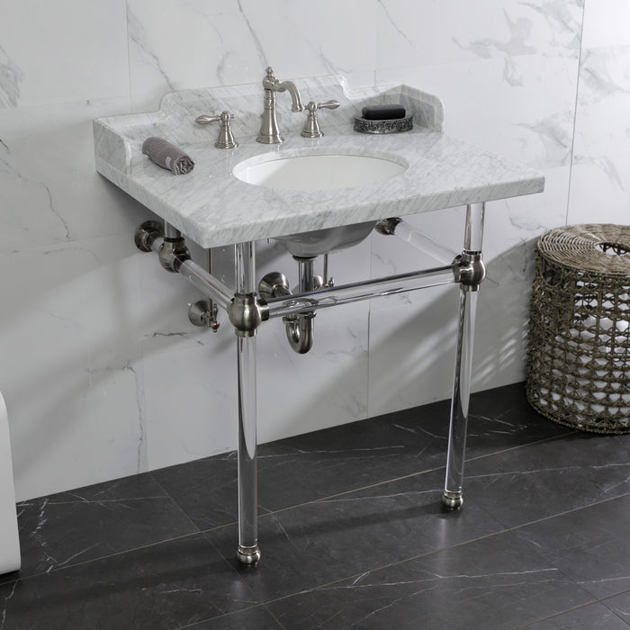 Pemberton LMS3030MA8 30-Inch Carrara Marble Console Sink with Acrylic Legs (8-Inch, 3-Hole), Carrara Marble White/Brushed Nickel